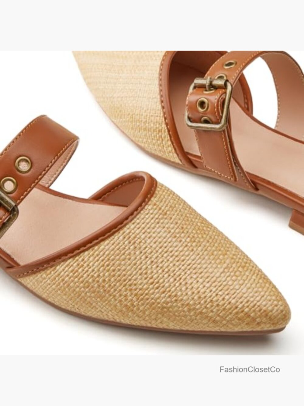 Natural Raffia Woven Pointed Toe Mule Flats with Adjustable Buckle - Picture 3 of 7